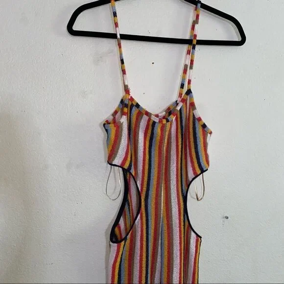Zara Knit Terrycloth Striped Jumpsuit Womens Side Cut Out Rainbow Cotton - Picture 8 of 11